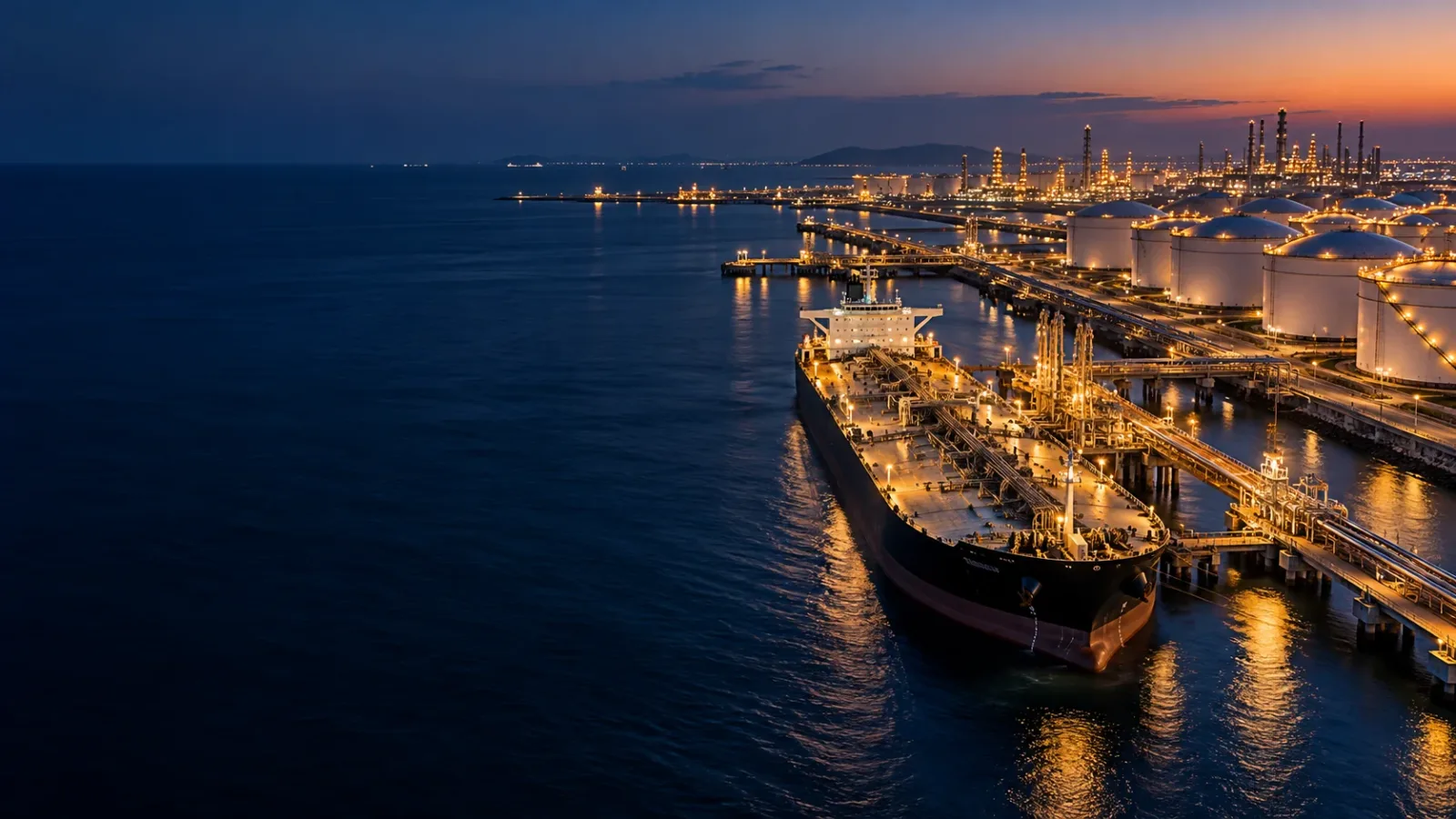 Petroleum storage terminal and berth at night